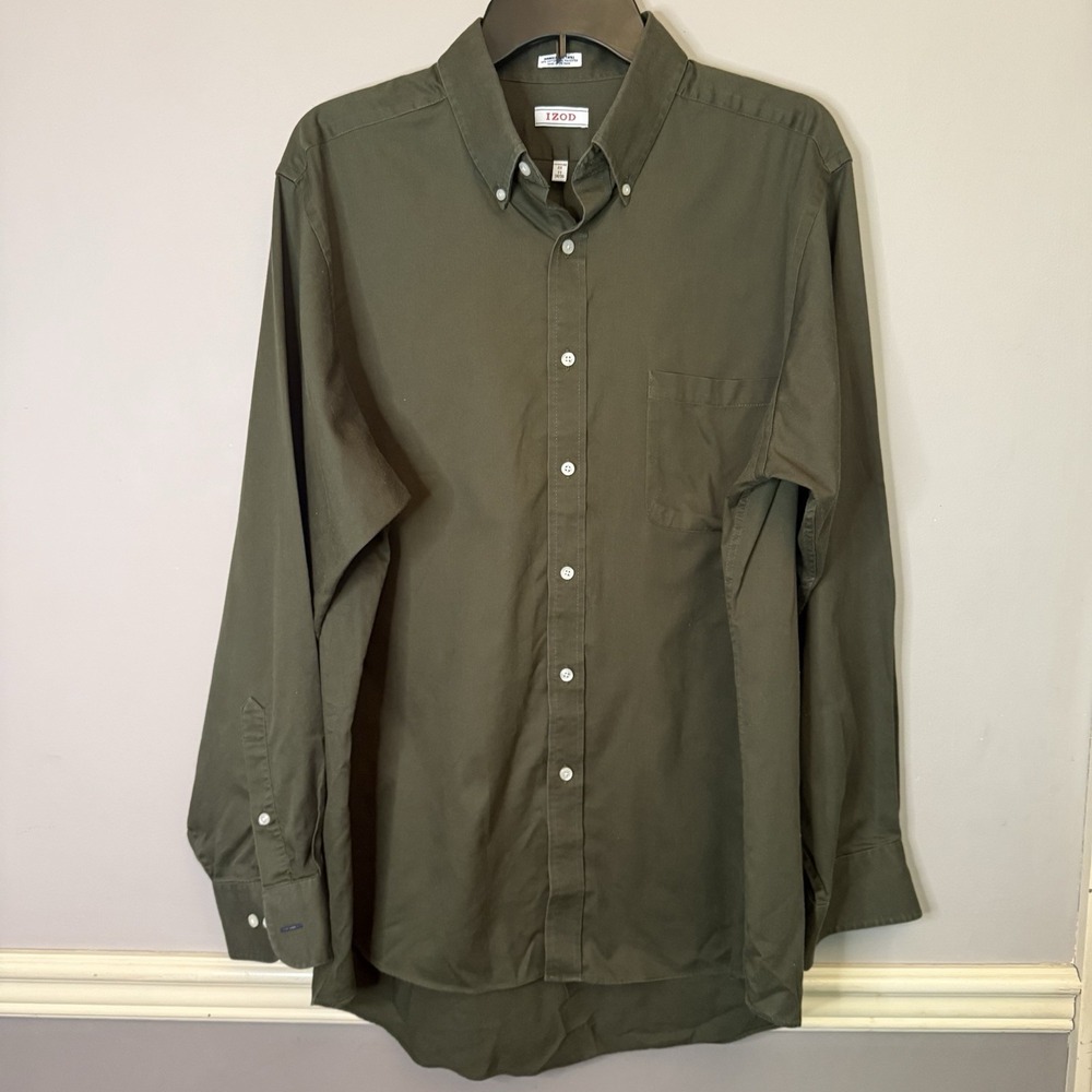 Izod Twill Wrinkle Free Men SZ 17 34/35 Olive Green Button up Long Sleeve‎ Shirt